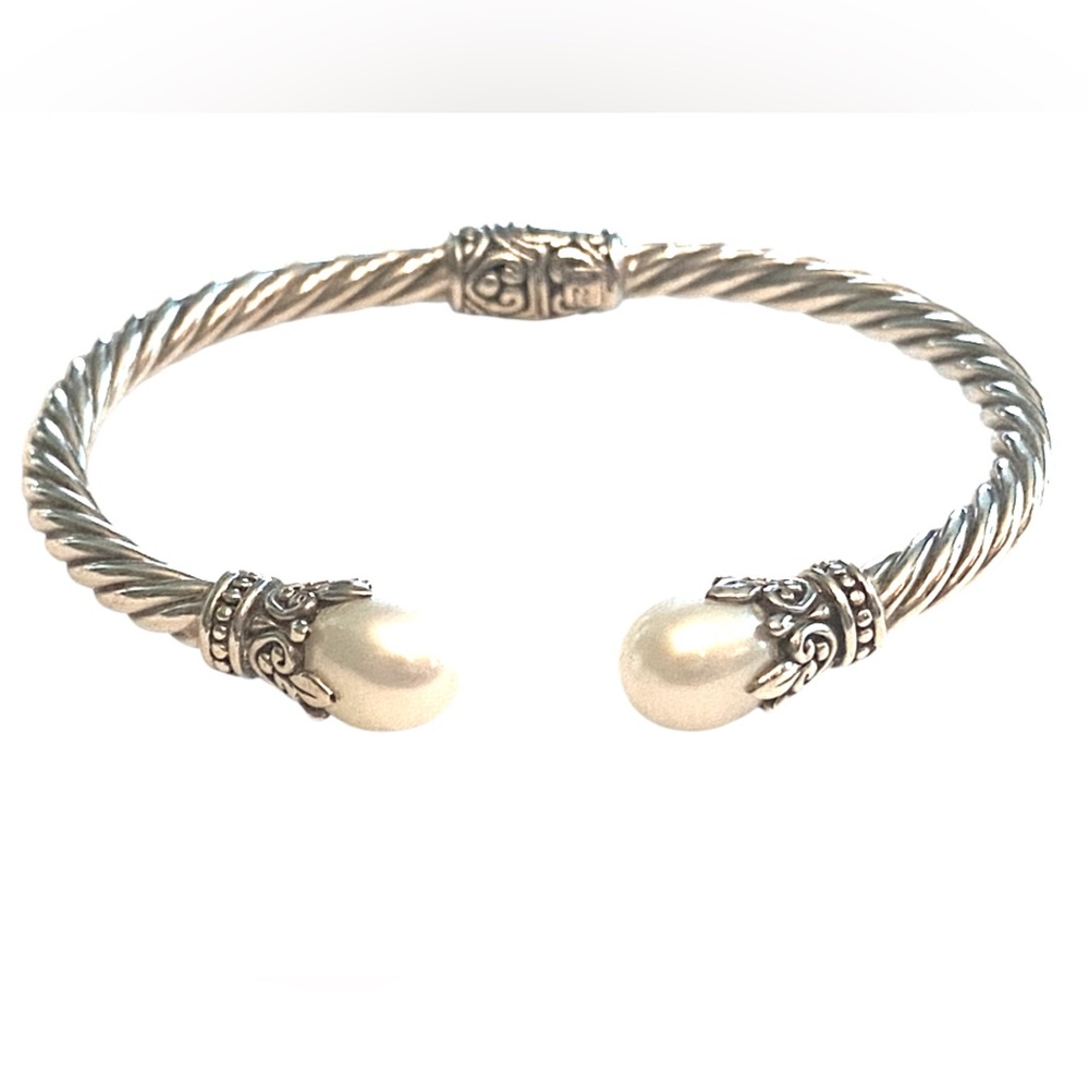 Sterling Silver Pearl Hinged Cable Bracelet 925